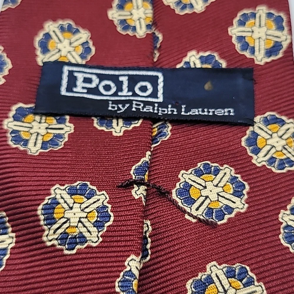 Polo Ralph Lauren 100% Cotton Made in USA Red Blue Gold Geometric Men's Tie
